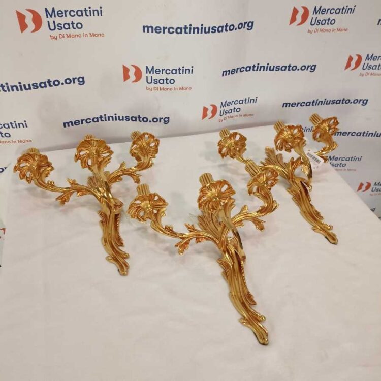3 Applique A 3 Luci In Bronzo Dorato XX Secolo