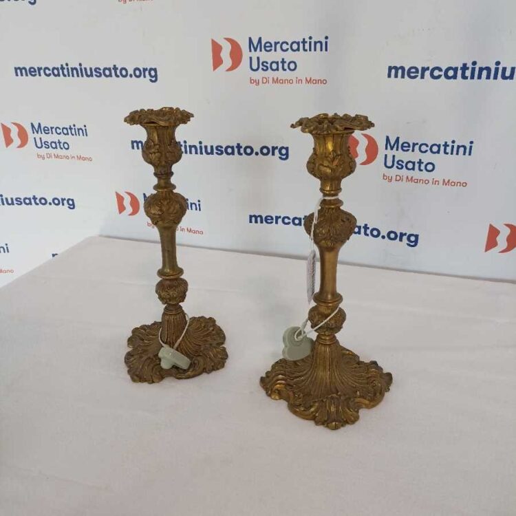 Coppia Candelieri In Antimonio Dorato Fine ‘800 Primi ‘900